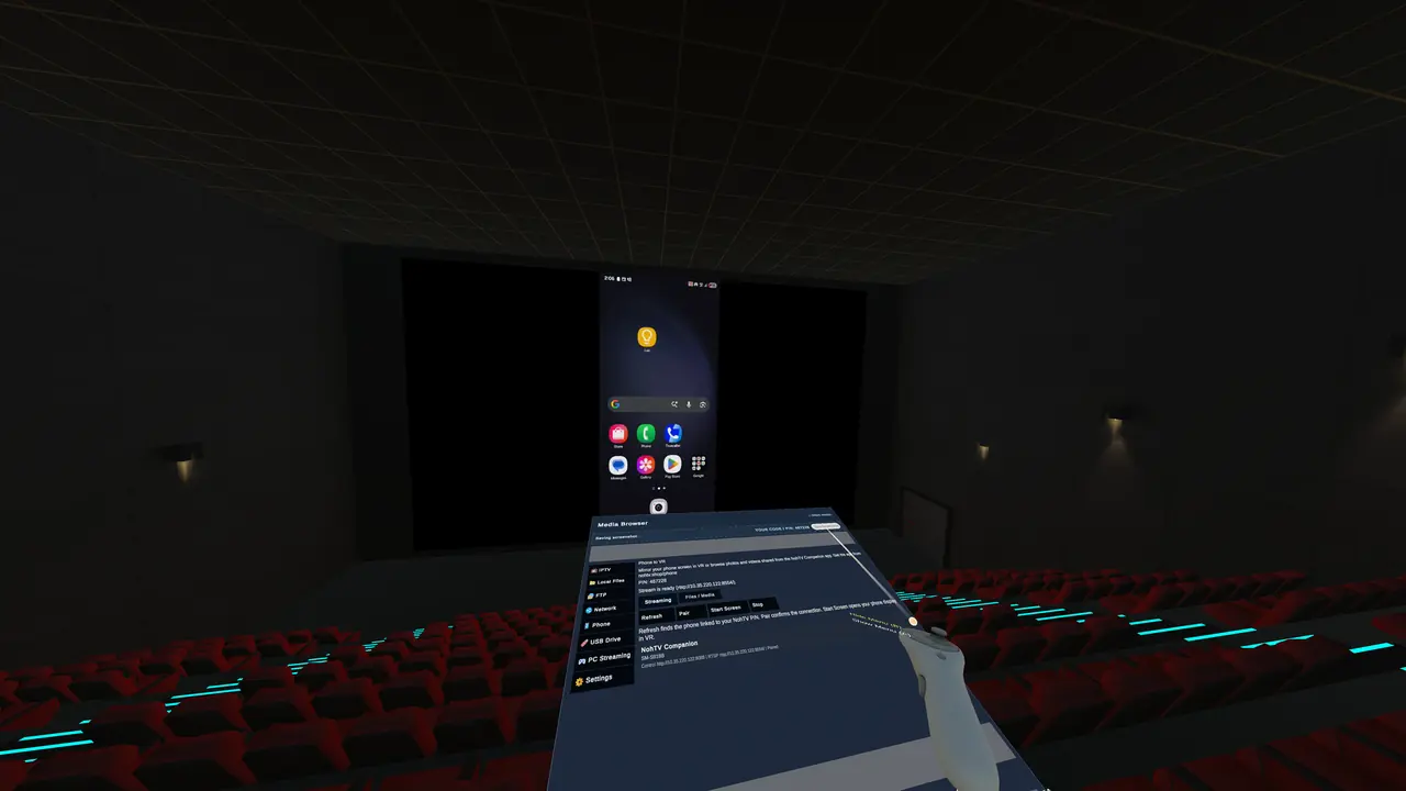 NohTV VR mirroring a phone screen in the virtual theater